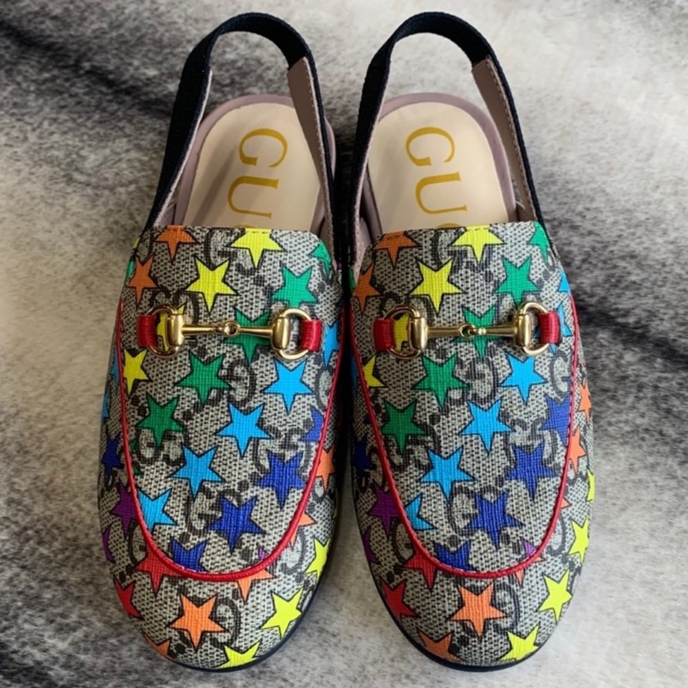 Gucci Princetown GG Logo Rainbow Star Loafers Flats